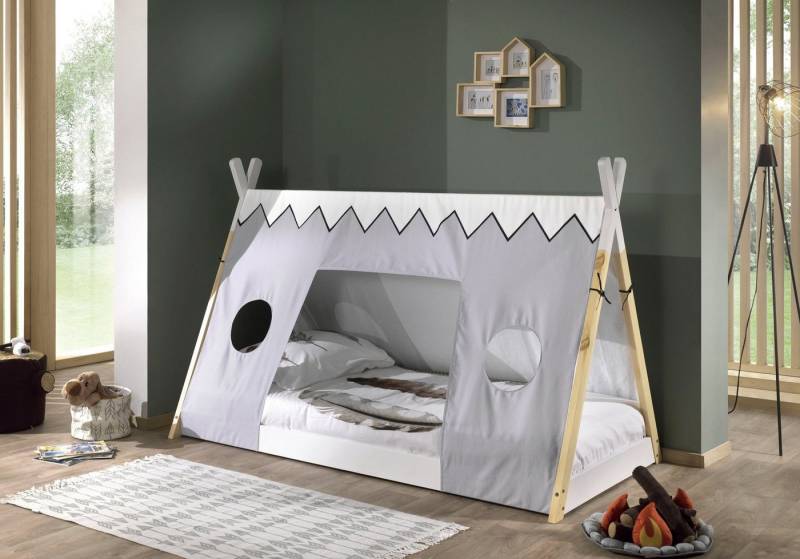 Vipack Kinderbett TIPI, Kiefer massiv, 2-farbig lackiert, mit Rolllattenrost (B/H/T ca. 206x134,5x105,5cm, mit Textil-Zeltdach), niedriger Betteinstieg, stabil gebaut von Vipack
