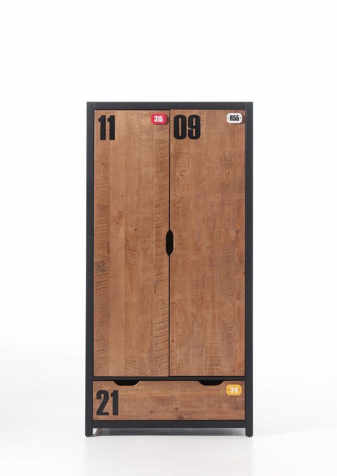 Vipack Drehtürenschrank Alex, Fronten massiv Kiefer in Hobel-Optik, Dekor Ziffern (H/T ca. x200x55cm, Rahmen schwarz, wahlweise 2 Breiten) inkl. Schublade/n, innen mit Kleiderstange von Vipack