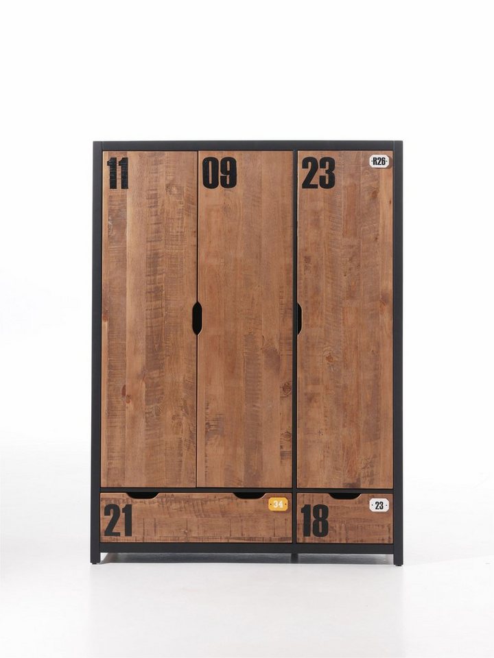 Vipack Drehtürenschrank Alex, Fronten massiv Kiefer in Hobel-Optik, Dekor Ziffern (H/T ca. x200x55cm, Rahmen schwarz, wahlweise 2 Breiten) aus teilmassiver Kiefer und MDF in 2 Breiten von Vipack