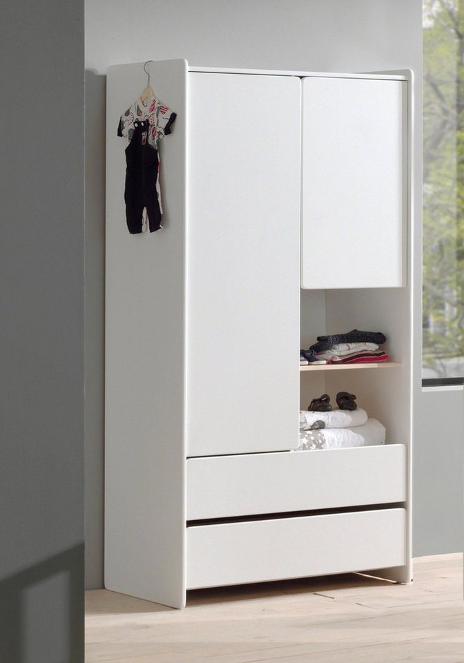 Vipack Kleiderschrank Kiddy, mit funktioneller Einteilung und 2 Schubladen, stabil gebaut (H/T ca. 180x55cm, MDF weiß lackiert, Fachboden Kiefer) bietet viel Stauraum, wahlweise 2 Schrankbreiten von Vipack