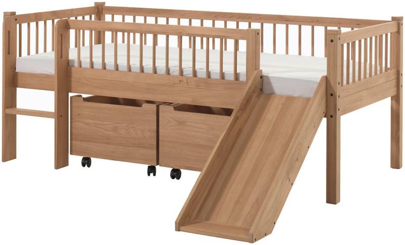 Vipack Massivholzbett Forrest Made in Europe, stabil und hochwertig gebaut, mit 2 Rollboxen (90/200 cm, mit Rollrost, Leiter und Rutsche, seitenverkehrt montierbar), inkl. umlaufenden Absturzschutz in Sprossenoptik, Eiche natur geölt von Vipack