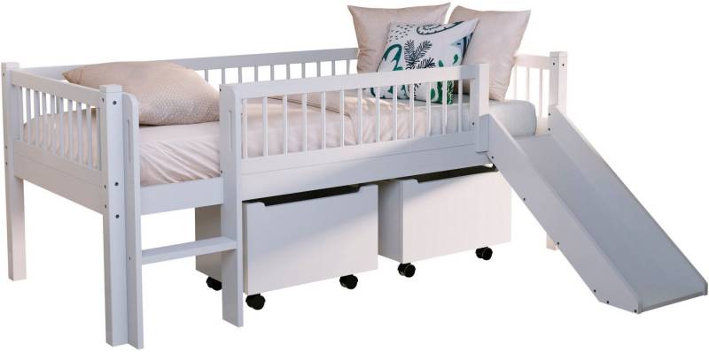 Vipack Massivholzbett Forrest Made in Europe, stabil und hochwertig gebaut, mit 2 Rollboxen (90/200 cm, mit Rollrost, Leiter und Rutsche, seitenverkehrt montierbar), inkl. umlaufenden Absturzschutz in Sprossenoptik, Buche weiß lackiert von Vipack