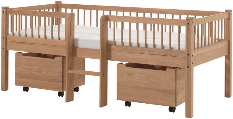 Vipack Massivholzbett Forrest Made in Europe, stabil und hochwertig gebaut, mit 2 Rollboxen (90/200 cm, mit Rollrost und Leiter, seitenverkehrt montierbar), inkl. umlaufenden Absturzschutz in Sprossenoptik, Eiche natur geölt von Vipack