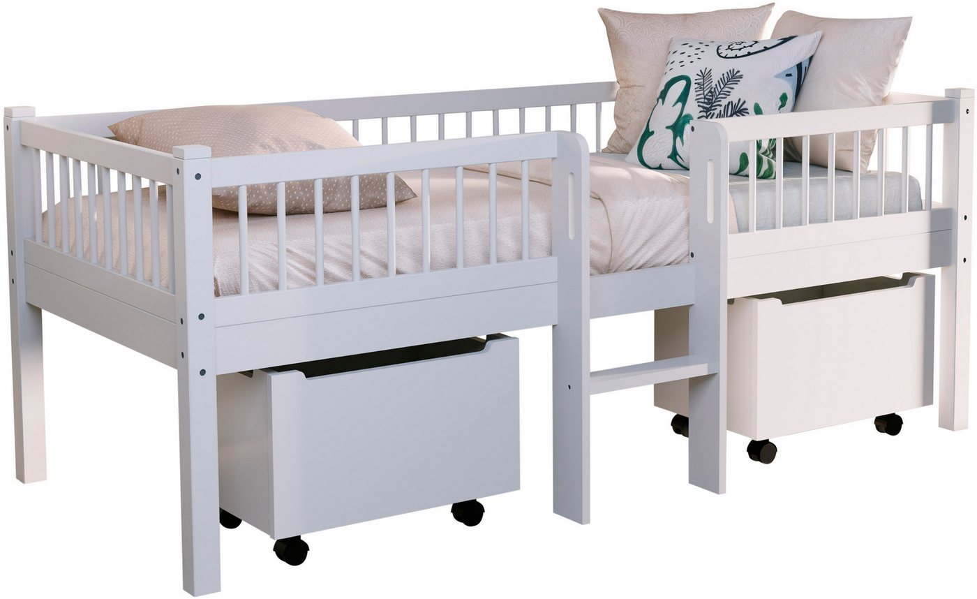 Vipack Massivholzbett Forrest Made in Europe, stabil und hochwertig gebaut, mit 2 Rollboxen (90/200 cm, mit Rollrost und Leiter, seitenverkehrt montierbar), inkl. umlaufenden Absturzschutz in Sprossenoptik, Buche weiß lackiert von Vipack