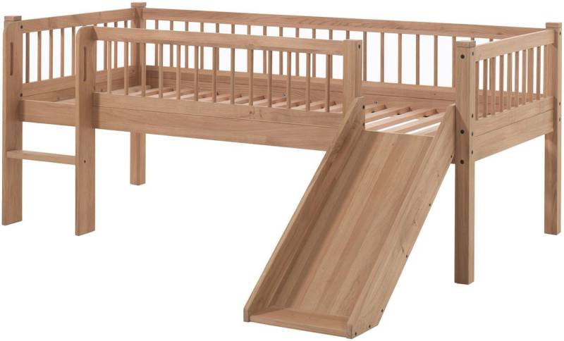 Vipack Massivholzbett Forrest Massivholzbett Made in Europe, stabil und hochwertig gebaut (90/200 cm, mit Rollrost, Leiter und Rutsche, seitenverkehrt montierbar), inkl. umlaufenden Absturzschutz in Sprossenoptik, Eiche natur geölt von Vipack