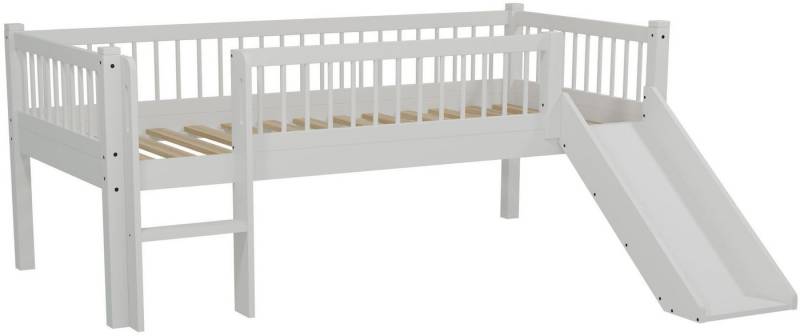 Vipack Massivholzbett Forrest Massivholzbett Made in Europe, stabil und hochwertig gebaut (90/200 cm, mit Rollrost, Leiter und Rutsche, seitenverkehrt montierbar), inkl. umlaufenden Absturzschutz in Sprossenoptik, Buche weiß lackiert von Vipack