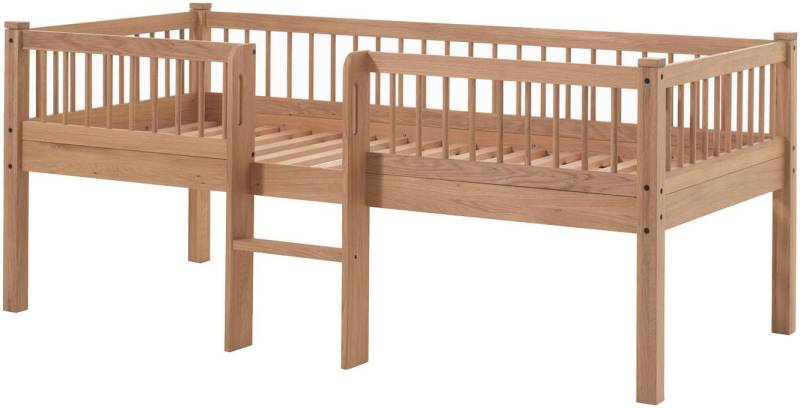 Vipack Massivholzbett Forrest Massivholzbett Made in Europe, stabil und hochwertig gebaut (90/200 cm, mit Rollrost und Leiter, seitenverkehrt montierbar), inkl. umlaufenden Absturzschutz in Sprossenoptik, Eiche natur geölt von Vipack