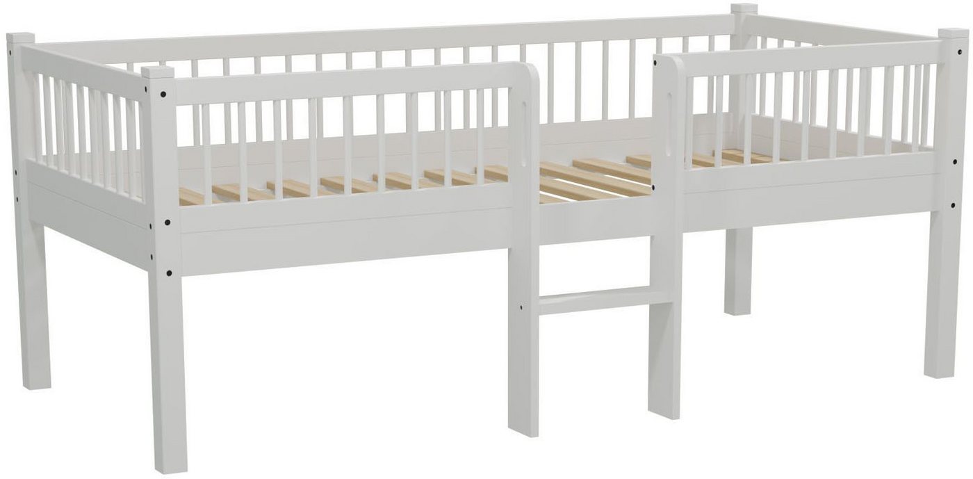 Vipack Massivholzbett Forrest Massivholzbett Made in Europe, stabil und hochwertig gebaut (90/200 cm, mit Rollrost und Leiter, seitenverkehrt montierbar), inkl. umlaufenden Absturzschutz in Sprossenoptik, Buche weiß lackiert von Vipack