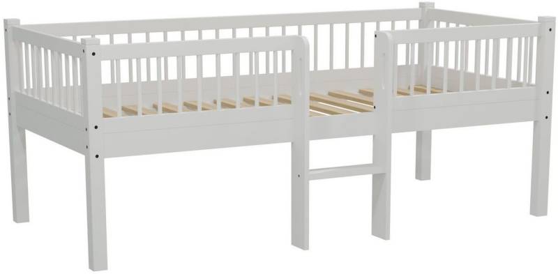 Vipack Massivholzbett Forrest Massivholzbett Made in Europe, stabil und hochwertig gebaut (90/200 cm, mit Rollrost und Leiter, seitenverkehrt montierbar), inkl. umlaufenden Absturzschutz in Sprossenoptik, Buche weiß lackiert von Vipack