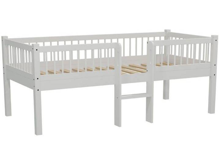 Vipack Massivholzbett Forrest Massivholzbett Made in Europe, stabil und hochwertig gebaut (90/200 cm, mit Rollrost und Leiter, seitenverkehrt montierbar), inkl. umlaufenden Absturzschutz in Sprossenoptik von Vipack