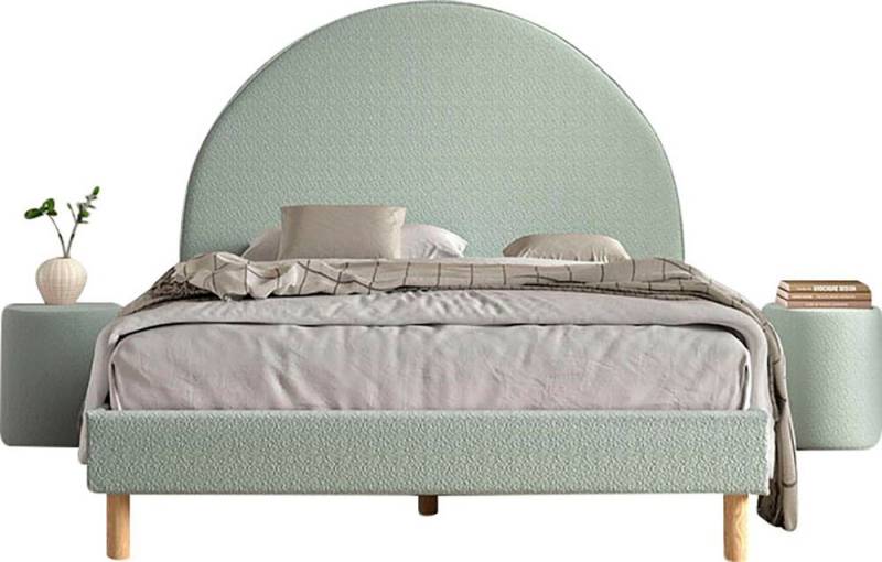 Vipack Schlafzimmer-Set Moon, best. aus Polsterbett 140/200 und 2 Hocker/Nachttische, (B/H/T ca. 147x132x212cm, bogenförmiges Kopfteil, Füße Massivholz), inkl. Lattenrost, Bezug flauschiger Bouclé Stoff, wahlweise 4 Farben von Vipack