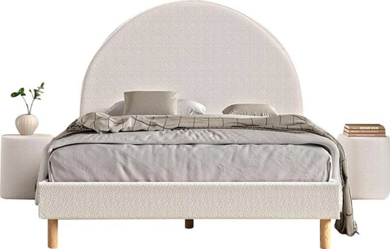Vipack Schlafzimmer-Set Moon, best. aus Polsterbett 140/200 und 2 Hocker/Nachttische, (B/H/T ca. 147x132x212cm, bogenförmiges Kopfteil, Füße Massivholz), LF 140x200cm, inkl. Lattenrost, Bouclé Stoff bezogen, wahlw. 4 Farben von Vipack
