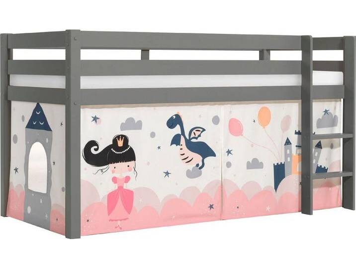 Vipack Spielbett Pino, Kiefer massiv, mit Rolllattenrost u. Textil-Set, Made in Europe (B/H/T ca. 210x114x106cm, mit Leiter und Absturzschutz), verschiedene Textil Dessins, 3 Gestellfarben zur Wahl, grau von Vipack