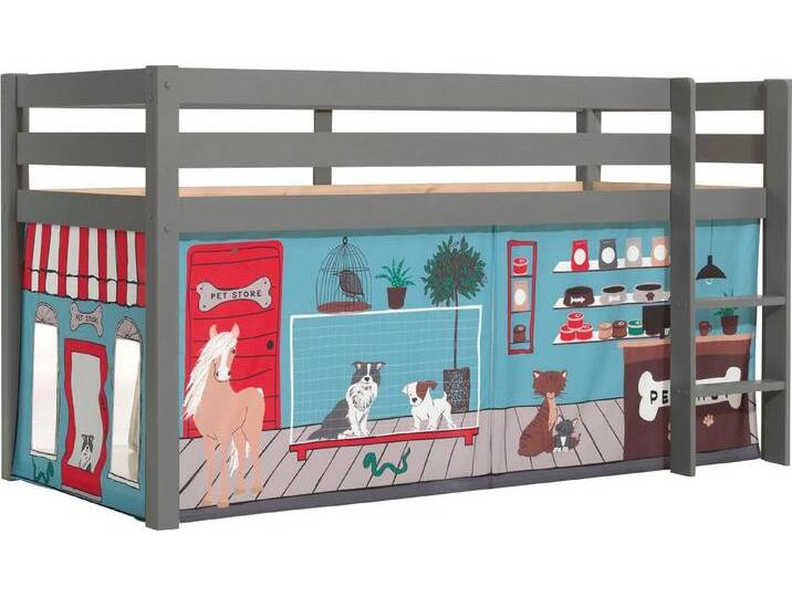 Vipack Spielbett Pino, Kiefer massiv, mit Rolllattenrost u. Textil-Set, Made in Europe (B/H/T ca. 210x114x106cm, mit Leiter und Absturzschutz), verschiedene Textil Dessins, 3 Gestellfarben zur Wahl, grau von Vipack