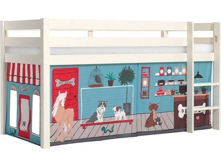 Vipack Spielbett Pino, Kiefer massiv, mit Rolllattenrost u. Textil-Set, Made in Europe (B/H/T ca. 210x114x106cm, mit Leiter und Absturzschutz), verschiedene Textil Dessins, 3 Gestellfarben zur Wahl, weiß von Vipack