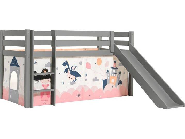 Vipack Spielbett Pino, Kiefer massiv, mit Rolllattenrost u. Textil-Set, Made in Europe (B/H/T ca. 210x114x218cm, mit Absturzschutz, Leiter und Rutsche), verschiedene Textil-Designs und Holzfarben zur Wahl, grau von Vipack