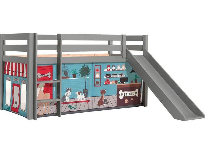Vipack Spielbett Pino, Kiefer massiv, mit Rolllattenrost u. Textil-Set, Made in Europe (B/H/T ca. 210x114x218cm, mit Absturzschutz, Leiter und Rutsche), verschiedene Textil-Designs und Holzfarben zur Wahl, grau von Vipack
