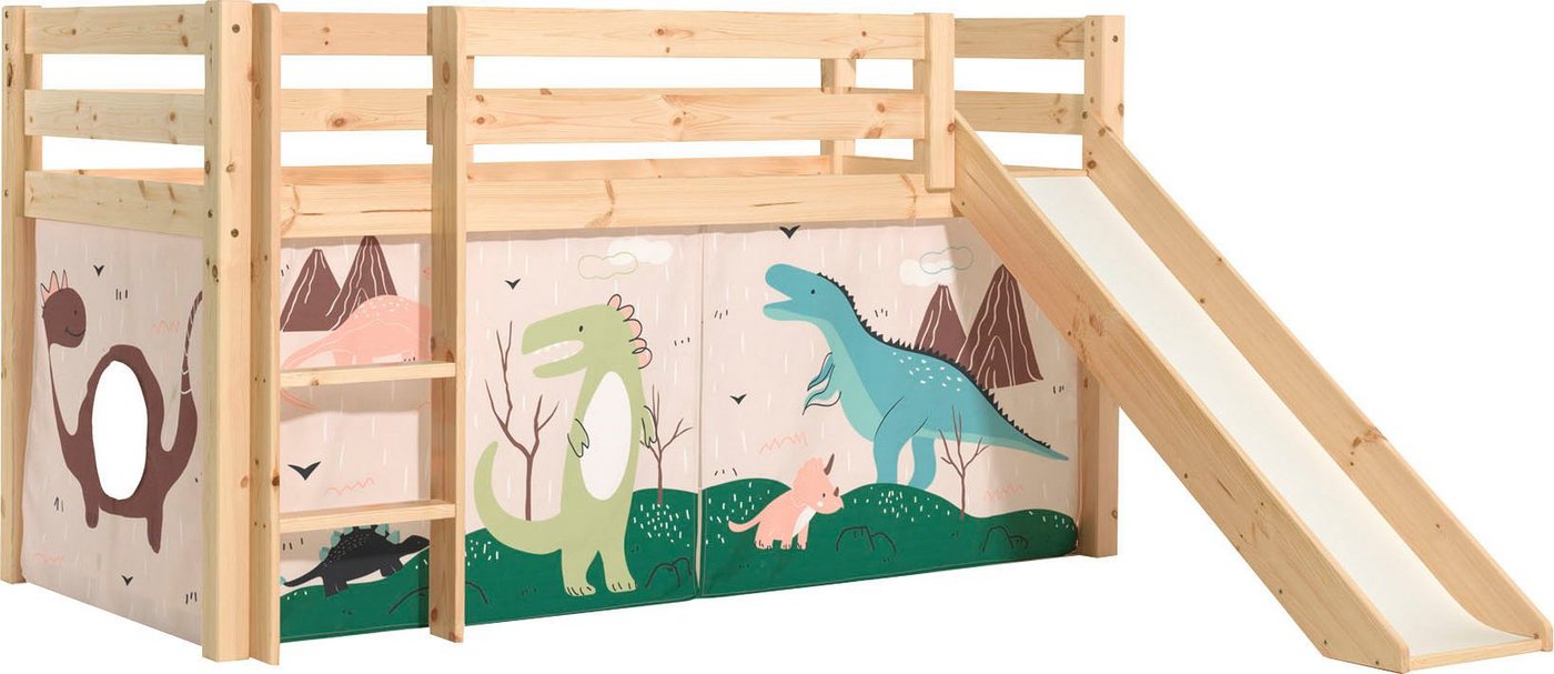 Vipack Spielbett Pino, Kiefer massiv, mit Rolllattenrost u. Textil-Set, Made in Europe (B/H/T ca. 210x114x218cm, mit Absturzschutz, Leiter und Rutsche), verschiedene Textil-Designs und Holzfarben zur Wahl von Vipack