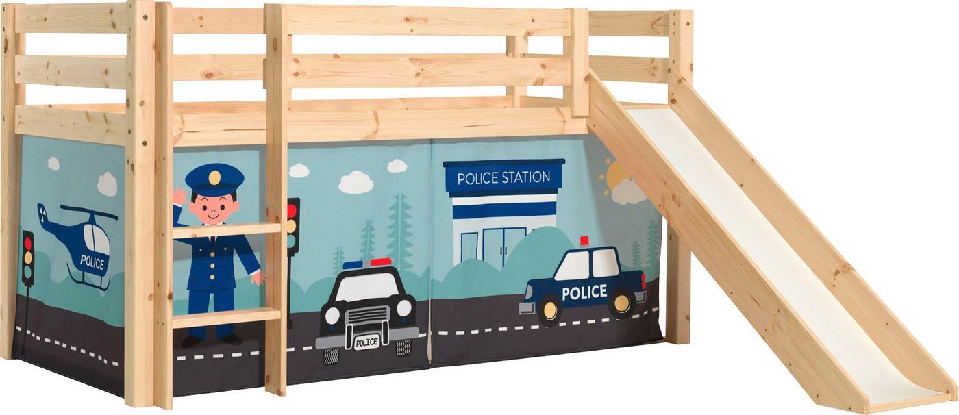 Vipack Spielbett Pino, Kiefer massiv, mit Rolllattenrost u. Textil-Set, Made in Europe (B/H/T ca. 210x114x218cm, mit Absturzschutz, Leiter und Rutsche), verschiedene Textil-Designs und Holzfarben zur Wahl von Vipack