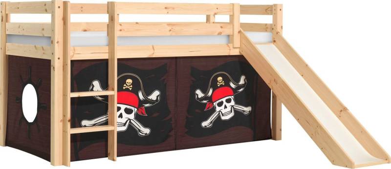 Vipack Spielbett Pino, Kiefer massiv, mit Rolllattenrost u. Textil-Set, Made in Europe (B/H/T ca. 210x114x218cm, mit Absturzschutz, Leiter und Rutsche), verschiedene Textil-Designs und Holzfarben zur Wahl von Vipack