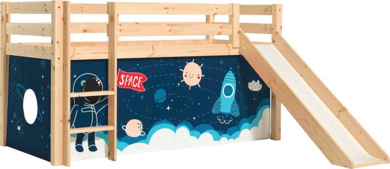 Vipack Spielbett Pino, Kiefer massiv, mit Rolllattenrost u. Textil-Set, Made in Europe (B/H/T ca. 210x114x218cm, mit Absturzschutz, Leiter und Rutsche), verschiedene Textil-Designs und Holzfarben zur Wahl von Vipack