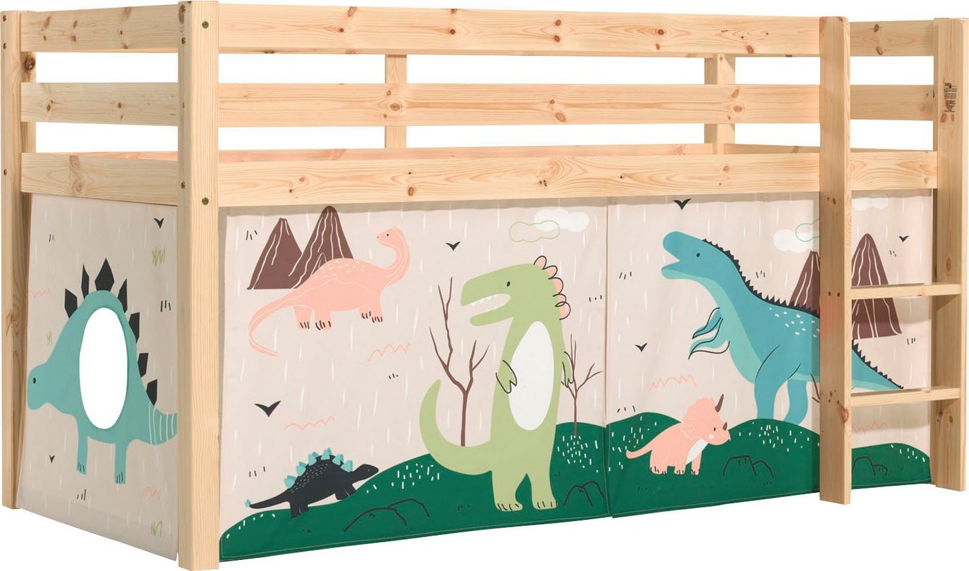 Vipack Spielbett Pino, Kiefer massiv, mit Rolllattenrost u. Textil-Set, Made in Europe (B/H/T ca. 210x114x106cm, mit Leiter und Absturzschutz), verschiedene Textil Dessins, 3 Gestellfarben zur Wahl von Vipack