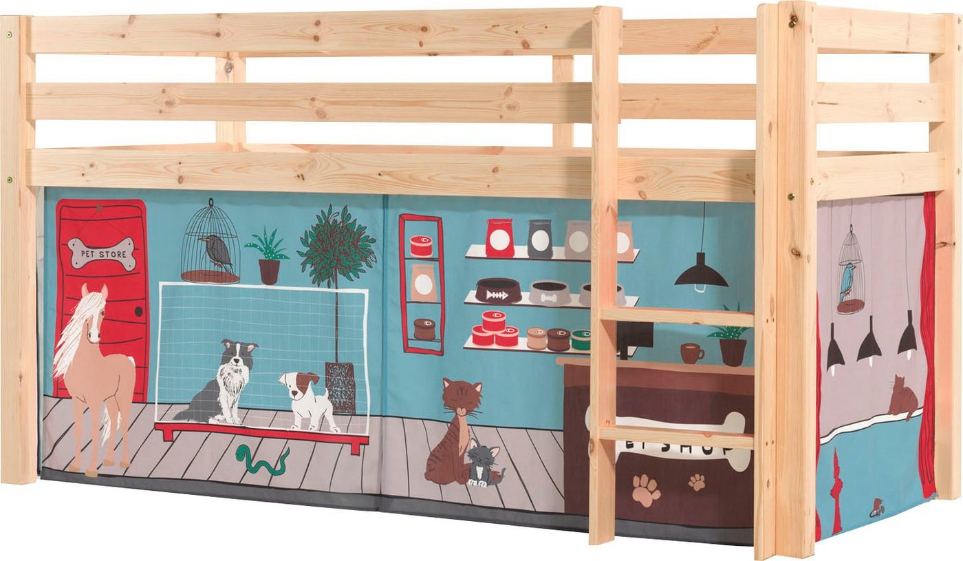 Vipack Spielbett Pino, Kiefer massiv, mit Rolllattenrost u. Textil-Set, Made in Europe (B/H/T ca. 210x114x106cm, mit Leiter und Absturzschutz), verschiedene Textil Dessins, 3 Gestellfarben zur Wahl von Vipack