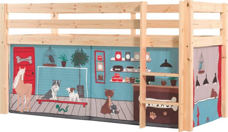 Vipack Spielbett Pino, Kiefer massiv, mit Rolllattenrost u. Textil-Set, Made in Europe (B/H/T ca. 210x114x106cm, mit Leiter und Absturzschutz), verschiedene Textil Dessins, 3 Gestellfarben zur Wahl von Vipack
