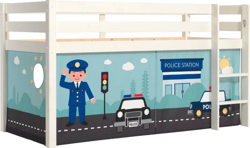 Vipack Spielbett Pino, Kiefer massiv, mit Rolllattenrost u. Textil-Set, Made in Europe (B/H/T ca. 210x114x106cm, mit Leiter und Absturzschutz), verschiedene Textil Dessins, 3 Gestellfarben zur Wahl von Vipack