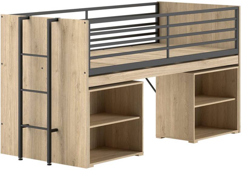 Vipack Stauraumbett Sam, schlafen und arbeiten in einem, wahlweise Eiche- oder Weiß-Dekor (Liegefläche 90x200 cm, darunter eine große ausziehbare Schreibplatte), mit Absturzschutz, Leiter u. 2 Regale, pflegeleichte Dekor Oberfläche von Vipack