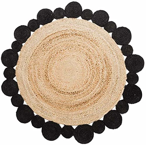 Runder Bauernhaus-Teppich in Beige mit schwarzem Kreis-Design aus Jute für Wohnkultur, Küche, Flur, Wohnzimmer (60 x 60 cm) von Vipanth Exports
