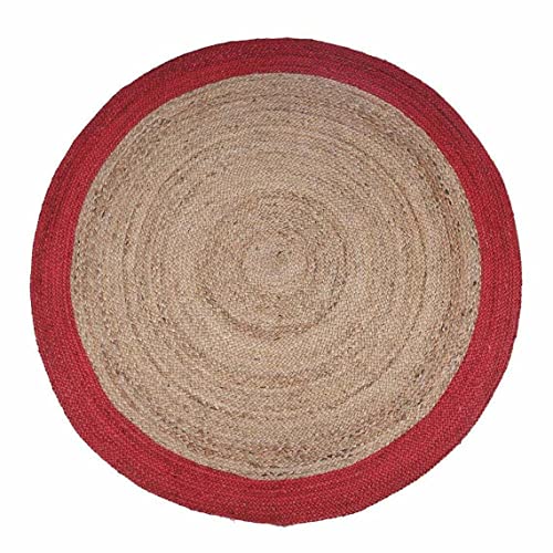Vipanth Exports Jute-Teppich, Beige mit roter Bordüre, handgewebt, rund, für Wohnzimmer, 150 x 150 cm von Vipanth Exports