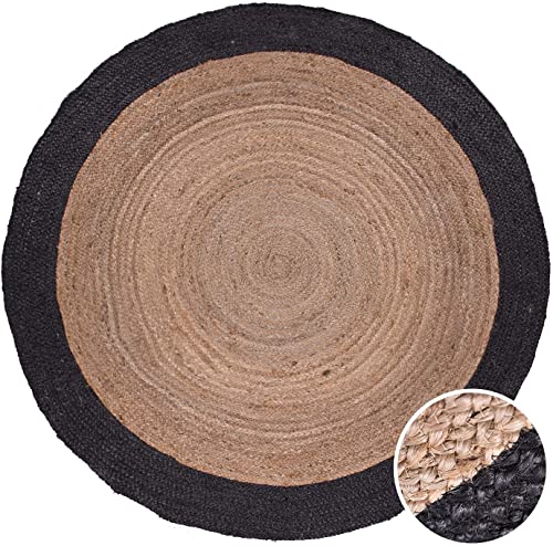 Vipanth Exports Jute-Teppich, Beige mit schwarzem Rand, handgewebt, rund, für Wohnzimmer, 90 x 90 cm von Vipanth Exports