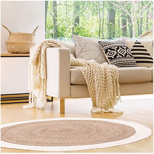 Vipanth Exports Jute-Teppich, Beige mit weißem Rand, handgewebt, runder Teppich für Wohnzimmer, 120 x 120 cm von Vipanth Exports