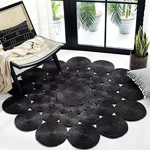 Vipanth Exports Jute-Teppich, natürlich, handgeflochten, Kreis-Design, runder Teppich für Wohnzimmer (schwarz, 180 x 180 cm (6 Fuß rund)) von Vipanth Exports