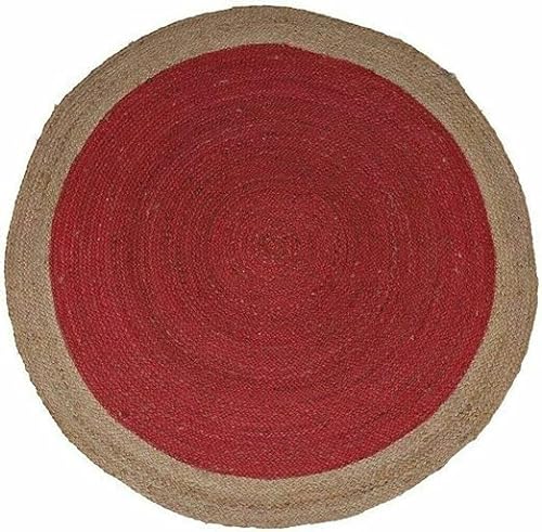 Vipanth Exports Juteteppich, natürlich, handgeflochten, Rot mit beigefarbener Bordüre, runder Teppich für Wohnzimmer, Küche (180 x 180 cm rund) von Vipanth Exports