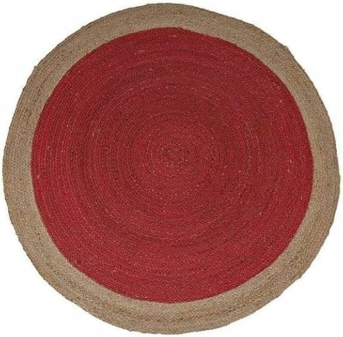 Vipanth Exports Juteteppich, natürlich, handgeflochten, Rot mit beigefarbener Bordüre, runder Teppich für Wohnzimmer, Küche (80 x 80 cm rund) von Vipanth Exports
