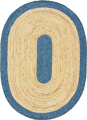 Vipanth Exports Traditioneller Teppich aus Jute mit blauer Kordel, oval, für Wohnzimmer, Küche, Flur, Esszimmer, 90 x 3,6 m, oval von Vipanth Exports