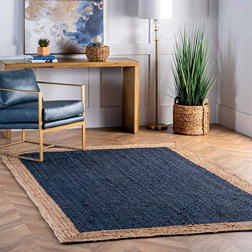 Vipanth Natürliche blaue Jute mit beigefarbener Bordüre, rechteckig, rustikal, handgefertigt, Handgeflochtener Teppich für Heimdekoration (90 x 300 cm) von Vipanth Exports