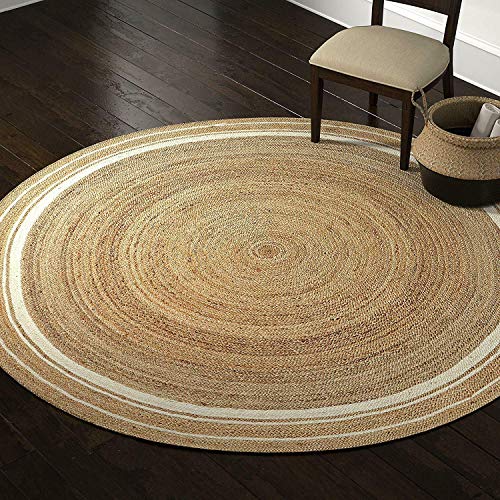 Vipanth Natürlicher Jute-Teppich mit weißer Linie, handgefertigt, wendbar, rund, Handgeflochtener Teppich für Wohnkultur (180 x 180 cm rund) von Vipanth Exports