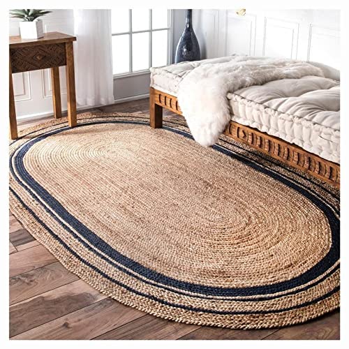 Vipanth Teppich aus natürlicher Jute, oval, rustikal, handgefertigt, handgeflochten, für Heimdekoration, 60 x 240 cm, Beige + schwarze Linie von Vipanth Exports