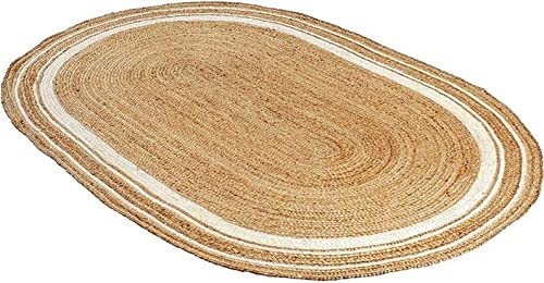 Vipanth Teppich aus natürlicher Jute, oval, rustikal, handgefertigt, handgeflochten, für Heimdekoration (120 x 240 cm, Beige + weiße Linie) von Vipanth Exports