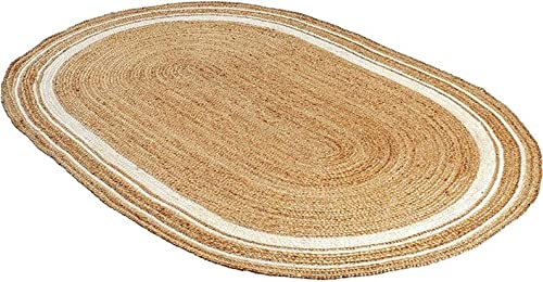 Vipanth Teppich aus natürlicher Jute, oval, rustikal, handgefertigt, handgeflochten, für Heimdekoration (90 x 150 cm, Beige + weiße Linie) von Vipanth Exports