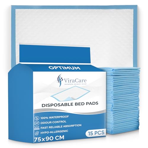 ViraCare 15 x Inkontinenz-Betteinlagen | Bettschoner für Inkontinenz | Große Größe 75 x 90 cm | Schwangerschaftsbetteinlagen | Bettmatten Einweg | Inkontinenz-Bettlaken | (1 Packung mit 15 Stück von ViraCare