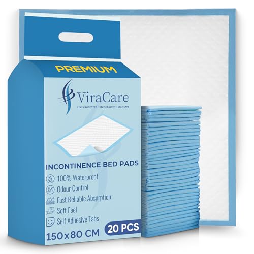 20 x Inkontinenzunterlagen | 150x80 cm | Einweg Bettunterlagen bei Inkontinenz | Extra groß | wasserdichte Betteinlagen (1 Packung mit 20 Stück) von ViraCare