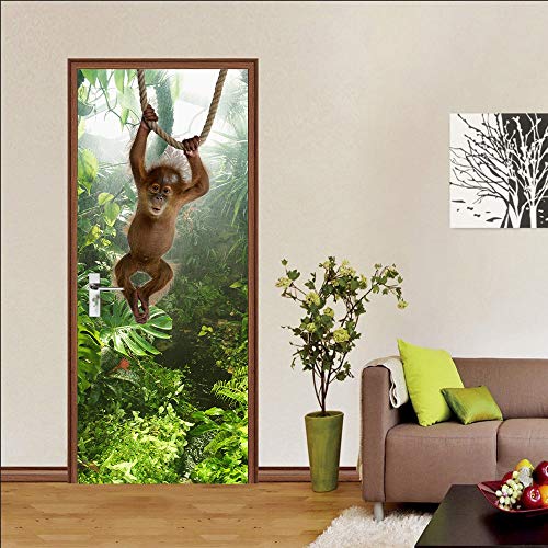 Türtapete Selbstklebend TürPoster 3D Türbild - Wald Affe - Türfolie Fototapete PREMIUM PVC Wasserfest Türaufkleber Wandtattoo Für Schlafzimmer Wohnzimmer Tür Dekoration Stickers 95 x 200 cm von Viranda