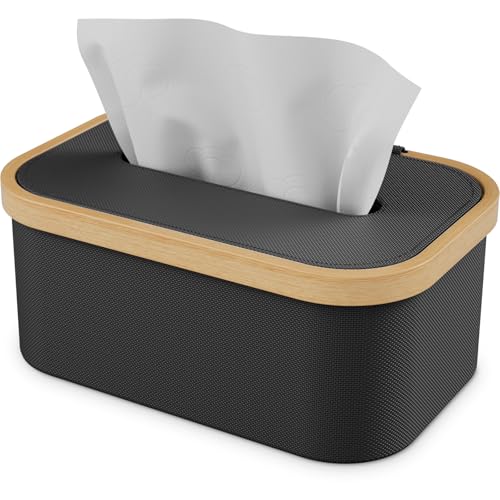 Vireon Taschentücher Box Spender aus Bambus mit Tücherbox aus Oxford-Stoff Tissue Box Papiertaschentücher Boxen Kosmetiktuchbox für Wohnzimmer Bad Küche in Schwarz von Vireon