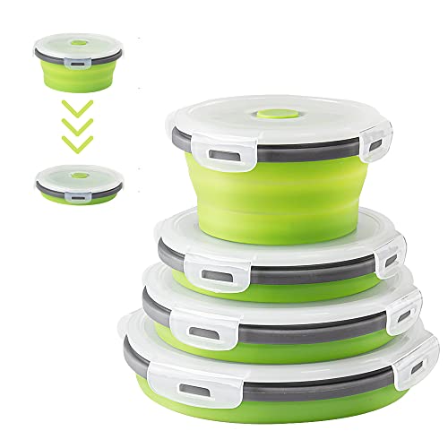 Virklyee 4PCS Runden Silikon Zusammenklappbaren Container - Faltbare Frischhalteboxen Brotdosen Vorratsdosen-Sets - Leicht Zu Tragen (Rund Grün O2) von Virklyee