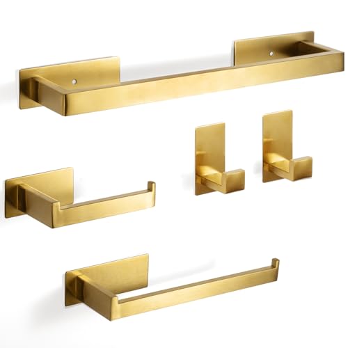 Virklyee Edelstahl Ohne Bohren Handtuchhalter Set 5 Stücke 43CM Handtuchhalter Rostfreier Toilettenrollenhalterund Haken 5-teiliges Bad Zubehör Set, Selbstklebend, Wandmontage,Wohnzimmer(Gold) von Virklyee