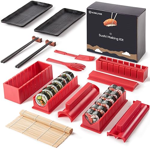 Virklyee Sushi Making Kit 17 Stück Sushi-Set Sushi Form Set Mehrere Formen DIY Sushi Selbst Machen Set, Sushi-Matten, Sushi-Teller,Essstäbchen(Rot) von Virklyee